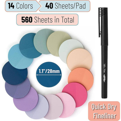 Transparent Round Sticky Notes, 560 Pcs, Assorted Colors, 28mm, Sticky Tabs with Quick-Dry Pen