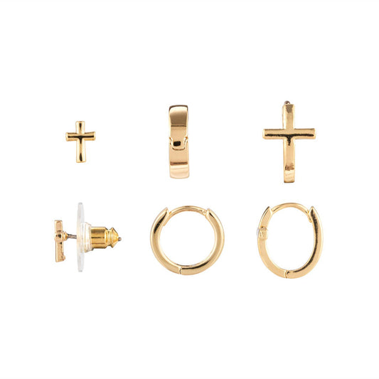 Dainty Cross Earrings Set of 3 - Gold