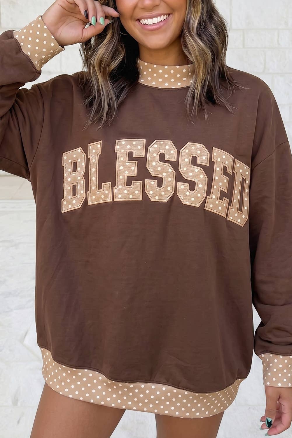 BLESSED Letter Patch Embroidery Mock Neck Sweatshirt S–4X