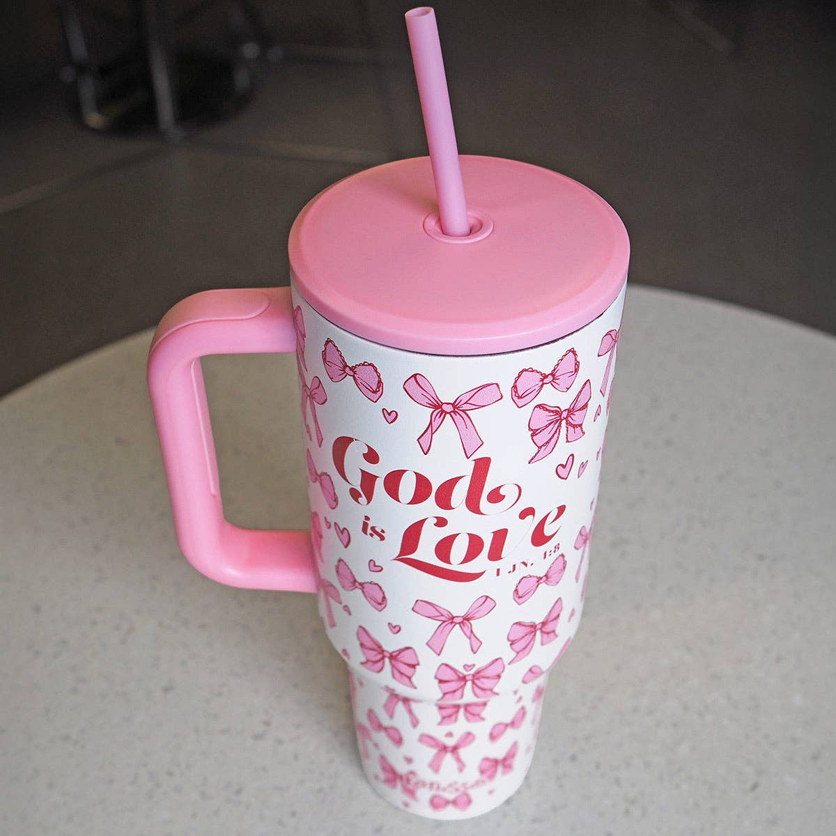40 oz Stainless Steel Mug W Straw God Is Love Bows