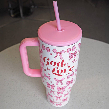 40 oz Stainless Steel Mug W Straw God Is Love Bows