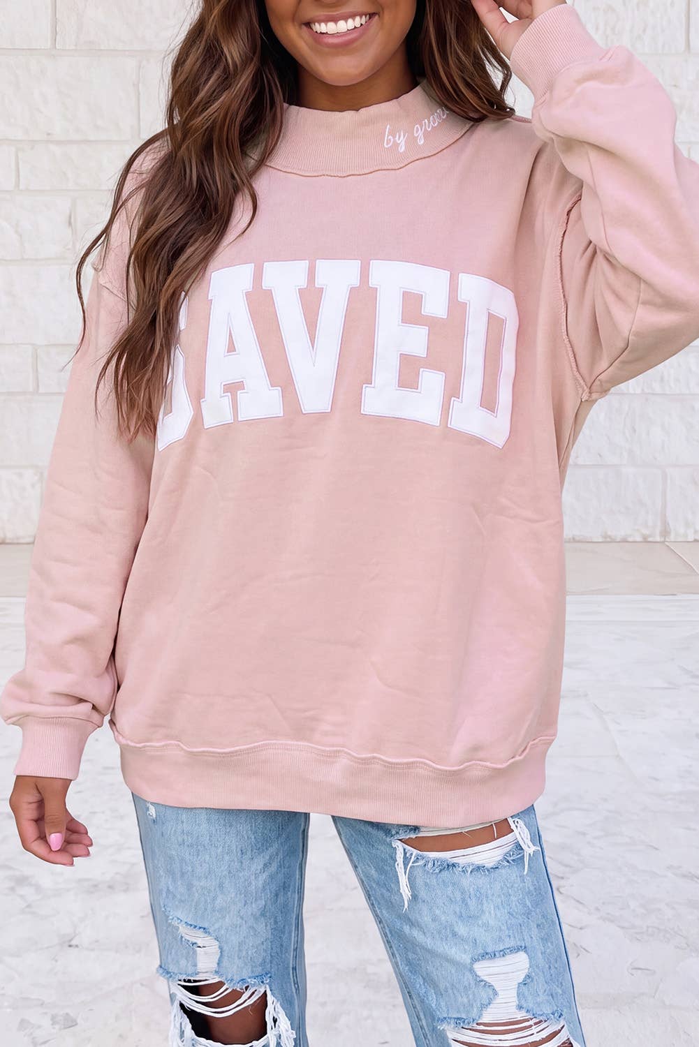 SAVED by grace Embroidered Letter Mock Neck Sweatshirt