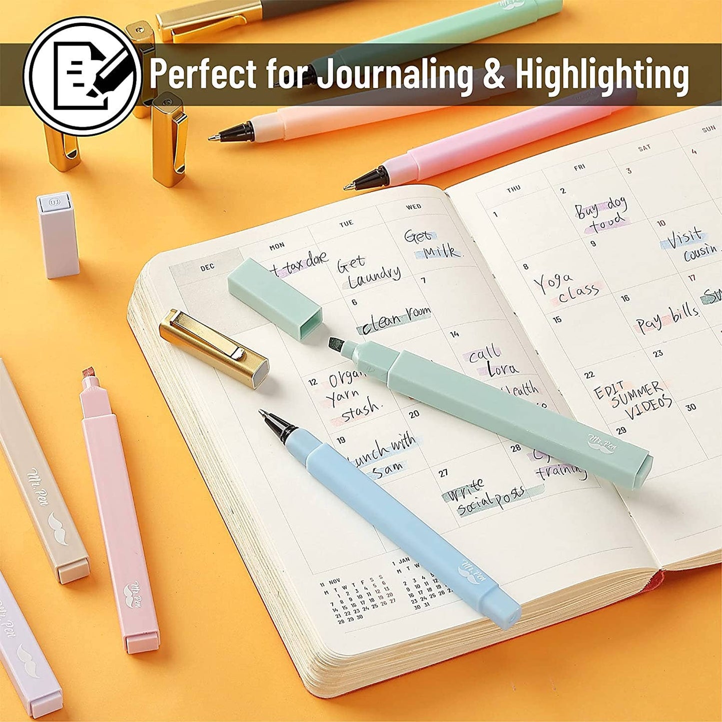 Mr. Pen Aesthetic Highlighters & Black Ballpens Set