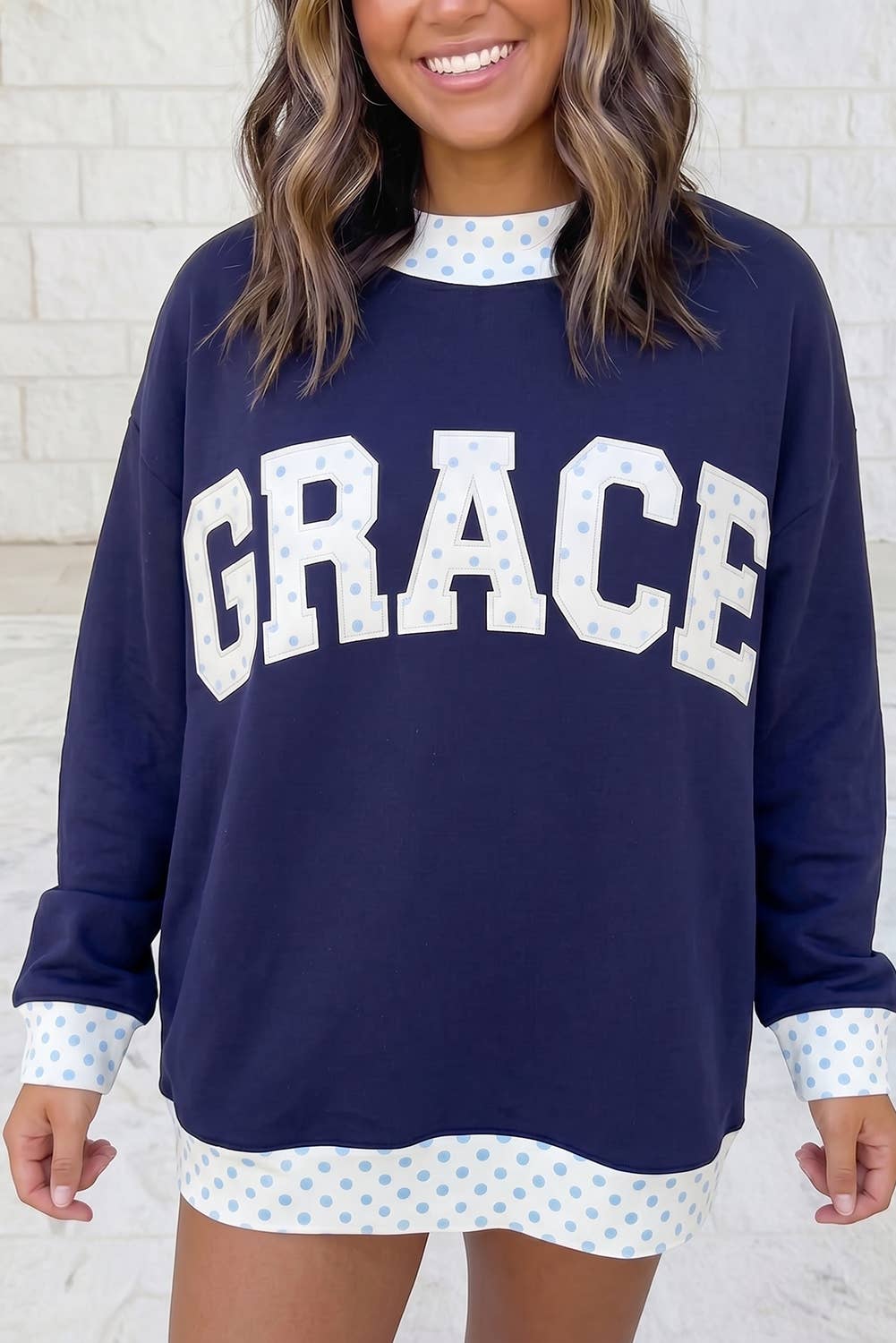 GRACE Letter Patch Embroidery Mock Neck Sweatshirt