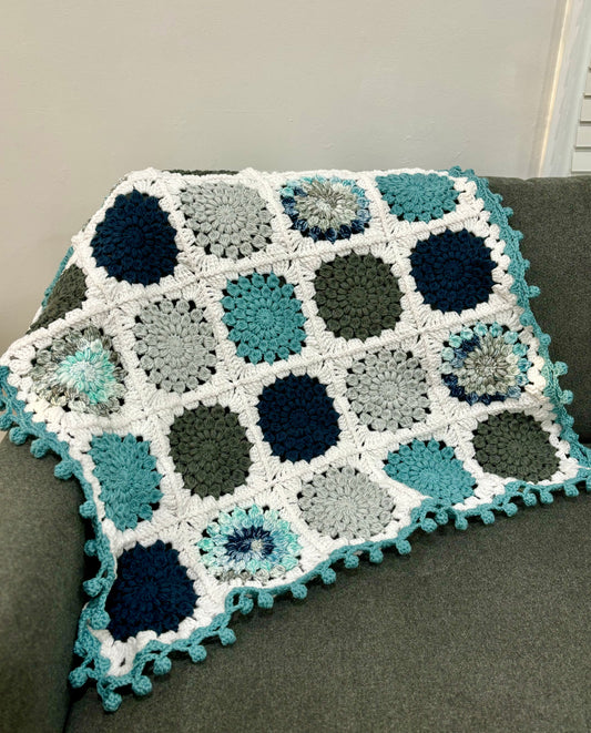 Sunburst Granny Square Baby Blanket- Blue