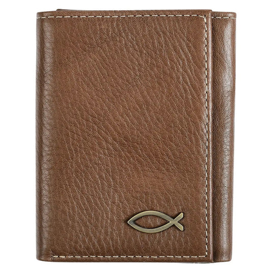 Ichthus Fish Brown Genuine Leather Trifold Wallet