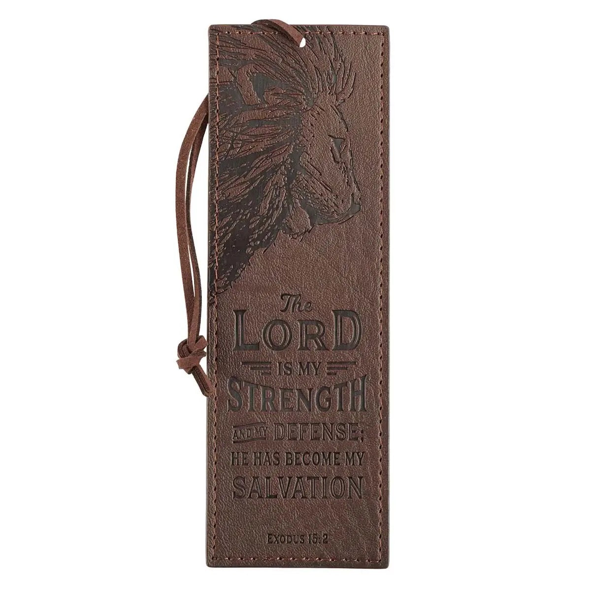 The Lord Is My Strength Walnut-Brown Faux Leather Bookmark- Exodus 15:2