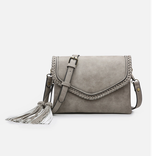 Sloane Flapover Crossbody w/ Whipstitch and Tassel - Gray