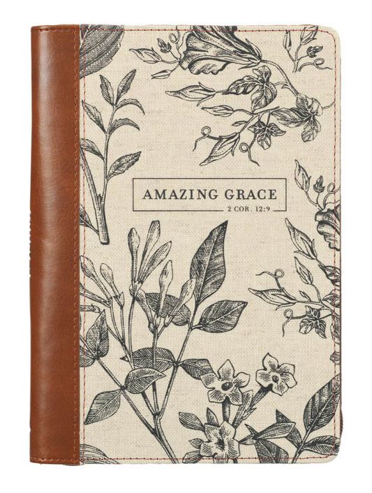 Amazing Grace Natural Canvas and Honey-brown Faux Leather Journal with Zipper Closure - 2 Corinthians 12:9