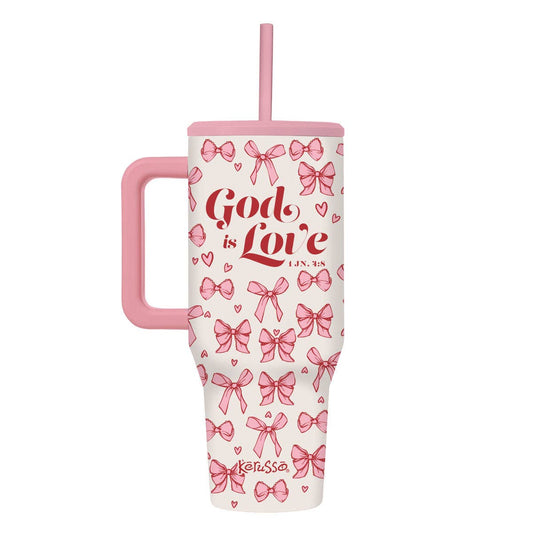 40 oz Stainless Steel Mug W Straw God Is Love Bows