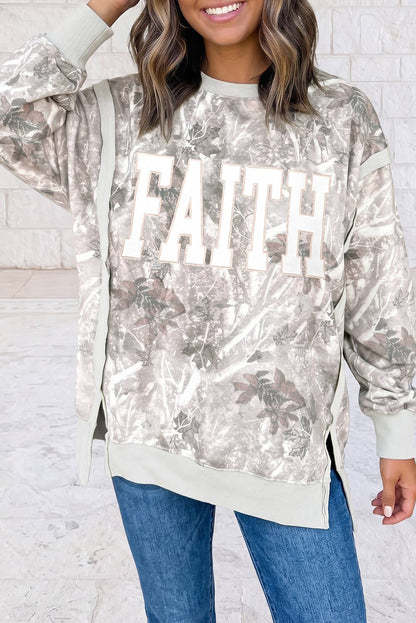 Faith Embroidered Graphic Casual Pullover Camo Sweatshirt