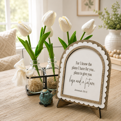 For I Know the Plans I Have For You | Jeremiah 29:11 | Scalloped Wood Arch Sign