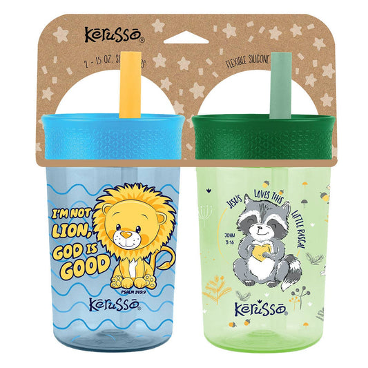 Kerusso 15 oz Silicone Straw Cup Raccoon & Lion (2 Pack)